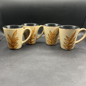 Home Trends Island Leaf Coffee Mugs 14 Oz Tan Gold Black 4.5" China Set Of 4